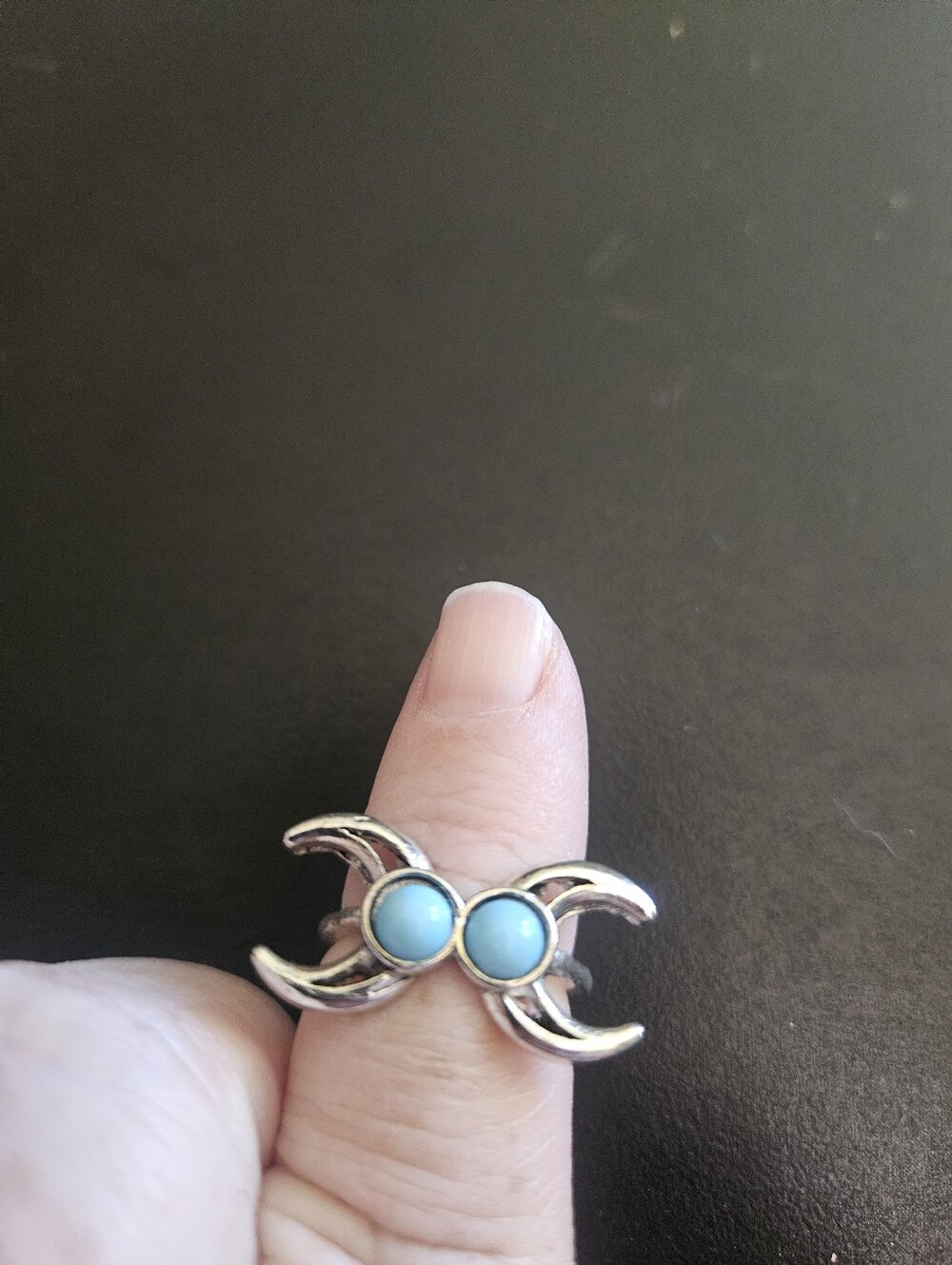 Silver Double Crescent Ring with Blue Stones
